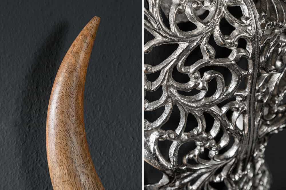 Extravagante Wanddekoration EXOTIC BULL 60cm silber Mangoholz Stierkopf