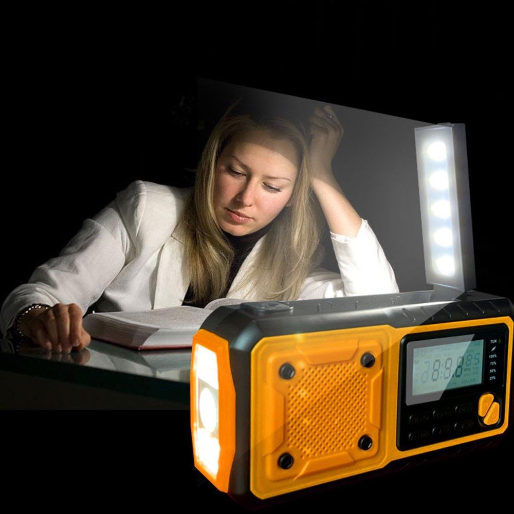 (16x7cm) 4in1 Digitales Outdoor Kurbel Radio mit WB/AM/FM / USB Powerbank / Solar Taschenlampe / SOS Alarm - Gelb