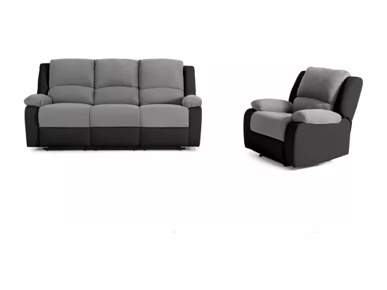 Ensemble de Canapés Relaxation manuel 3 places et 1 place Microfibre Grise / Simili Noir Léo - Loungitude