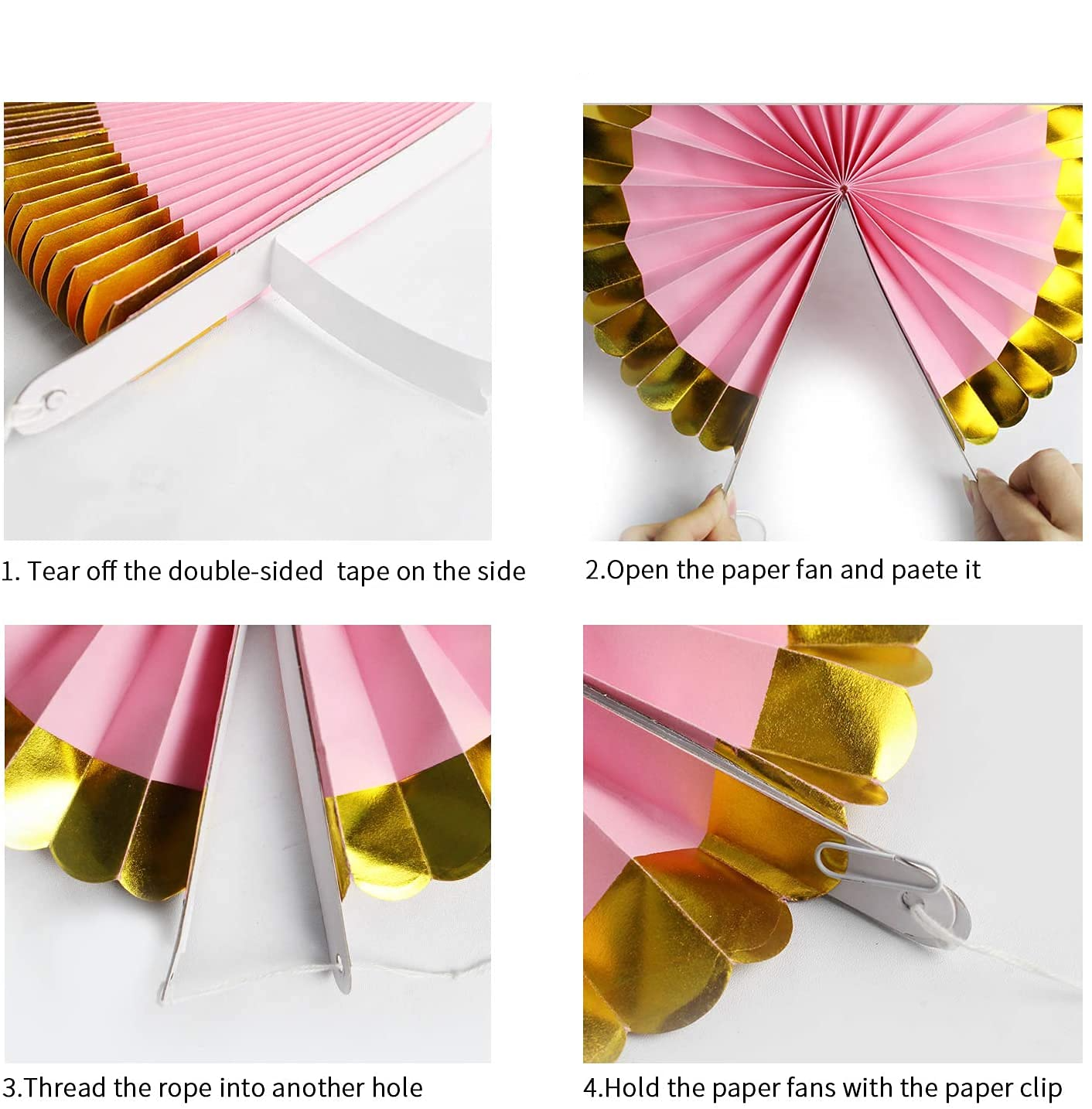 (8er Set) Papier Fächer Deko Rosetten Party / Geburtstag / Hochzeit - Rosa / Gold