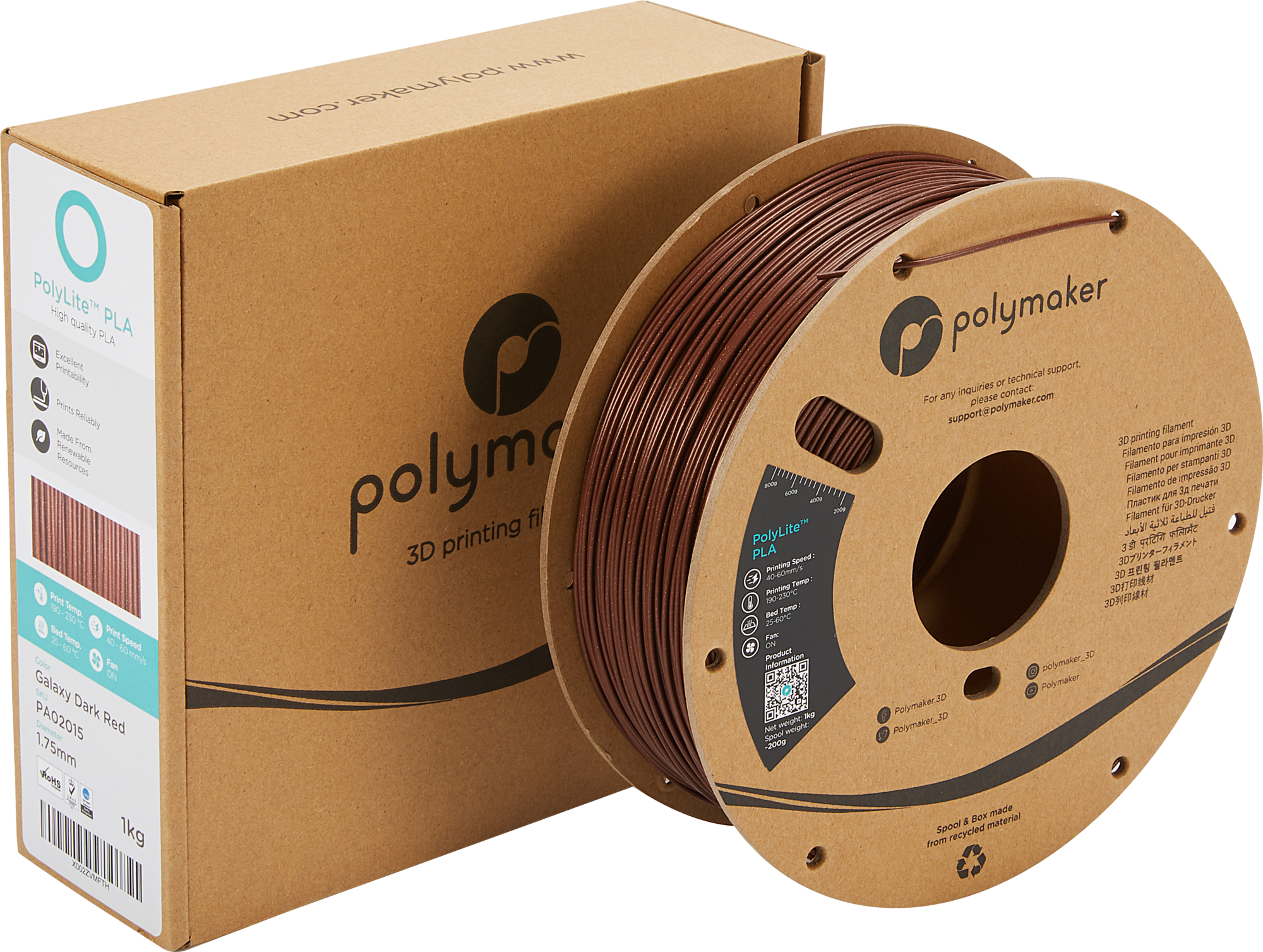 Polymaker  PolyLite PLA Galaxy Dark Red, 1,75 mm (1.000 g)    Qualitativ hochwertiges PLA Filament mit schimmernden Eigenschaften