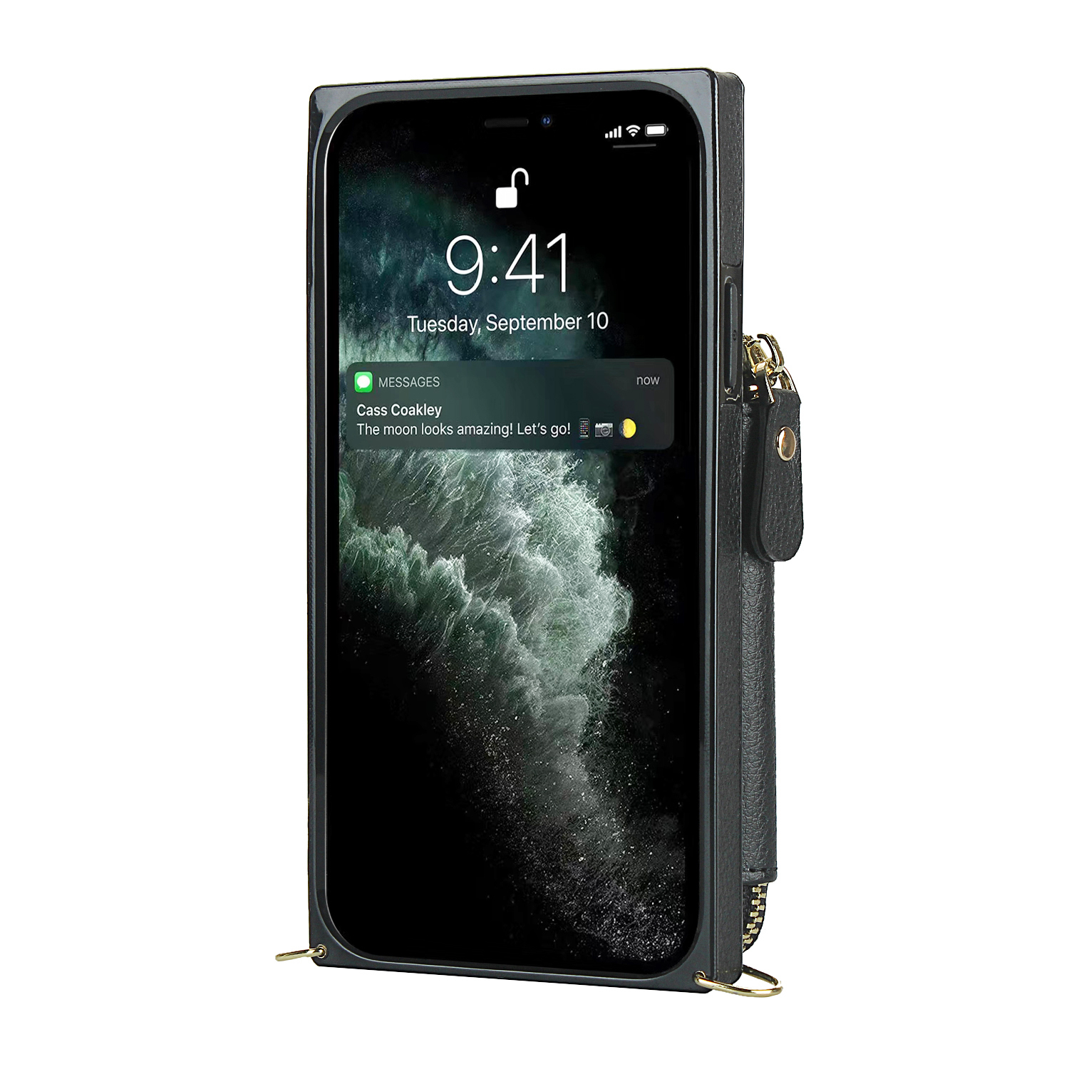 iPhone 11 Necklace Leder Schutz Hülle mit Kartenfächer   Handykette (140cm) - Schwarz