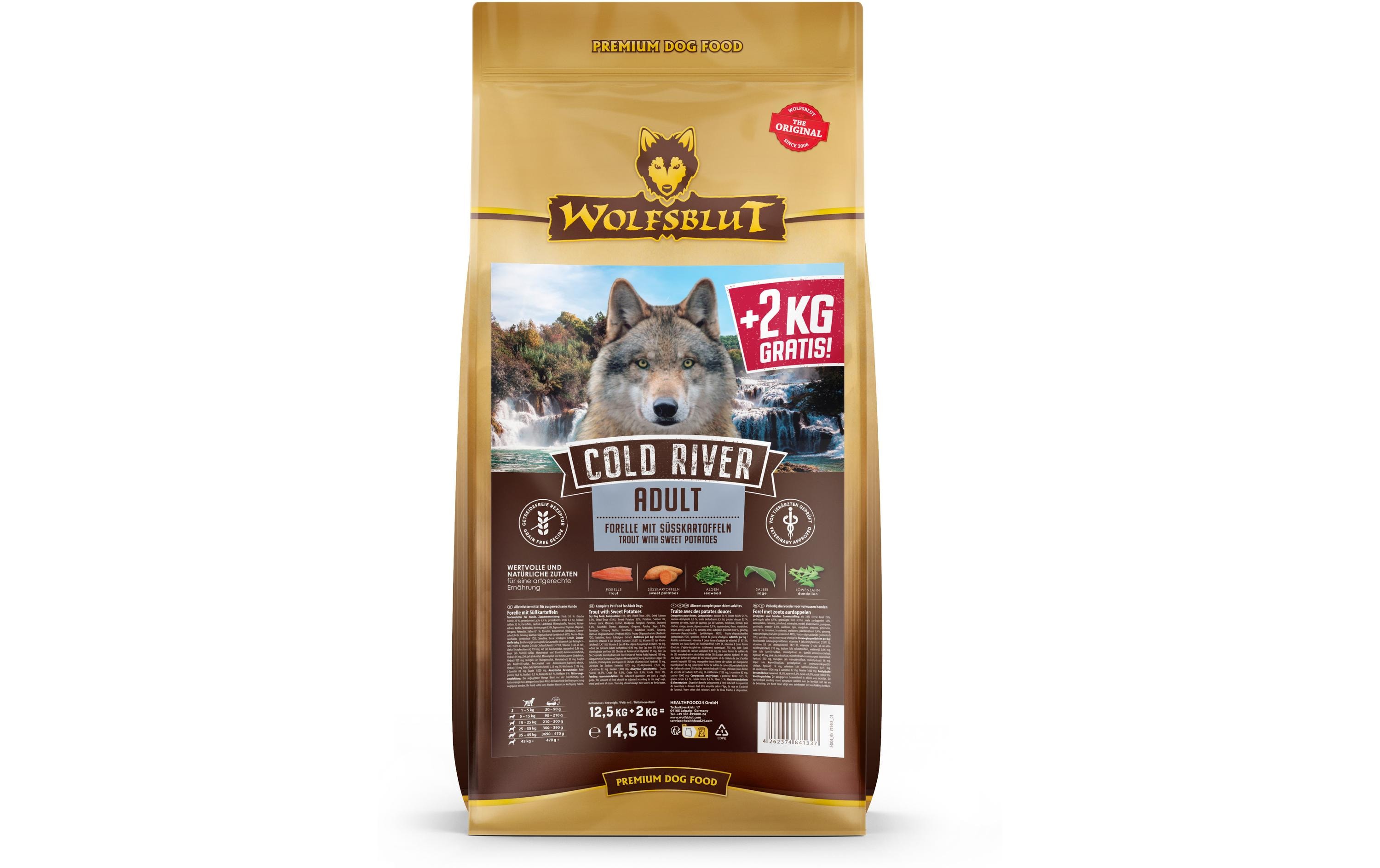 Trockenfutter Dog Cold River Adult, 12.5 kg + 2 kgMit Forelle und Süsskartoffel