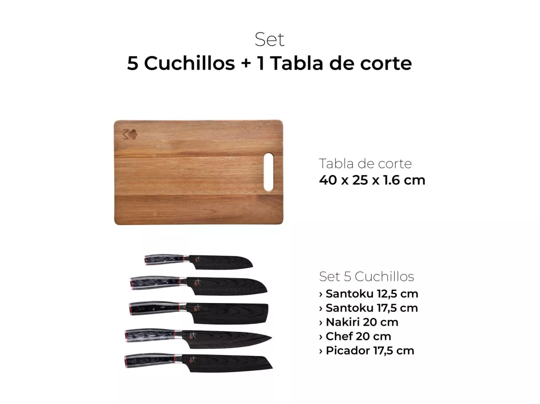 Set de 5 couteaux japonais TETSU et planche à découper 40x25x1,6cm MasterPRO