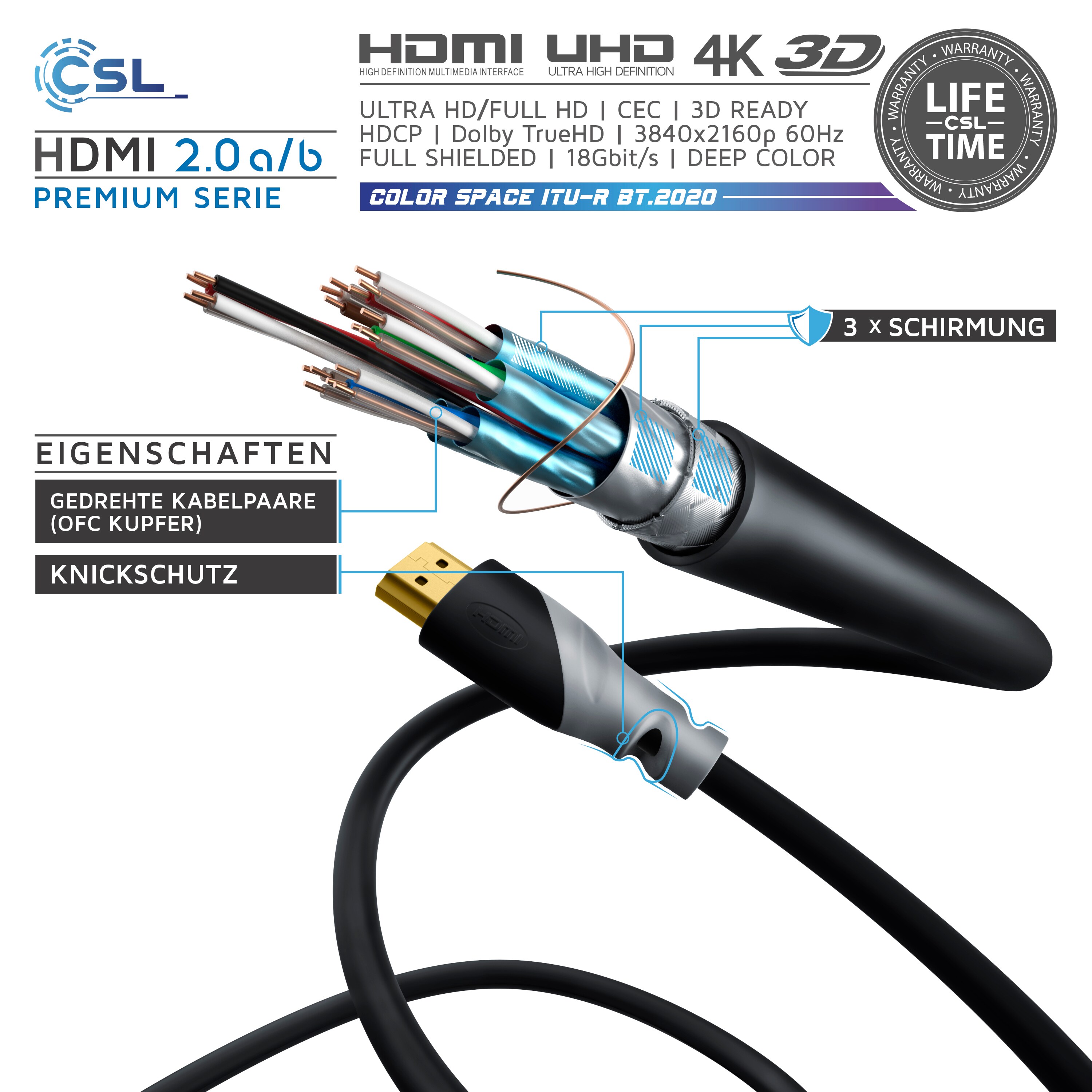 CSL 8k HDMI Kabel 2.1, 3fach geschirmt, Ultra HD, Full HD, 3D, High Speed mit Ethernet, HDMI Typ A - 7,5m