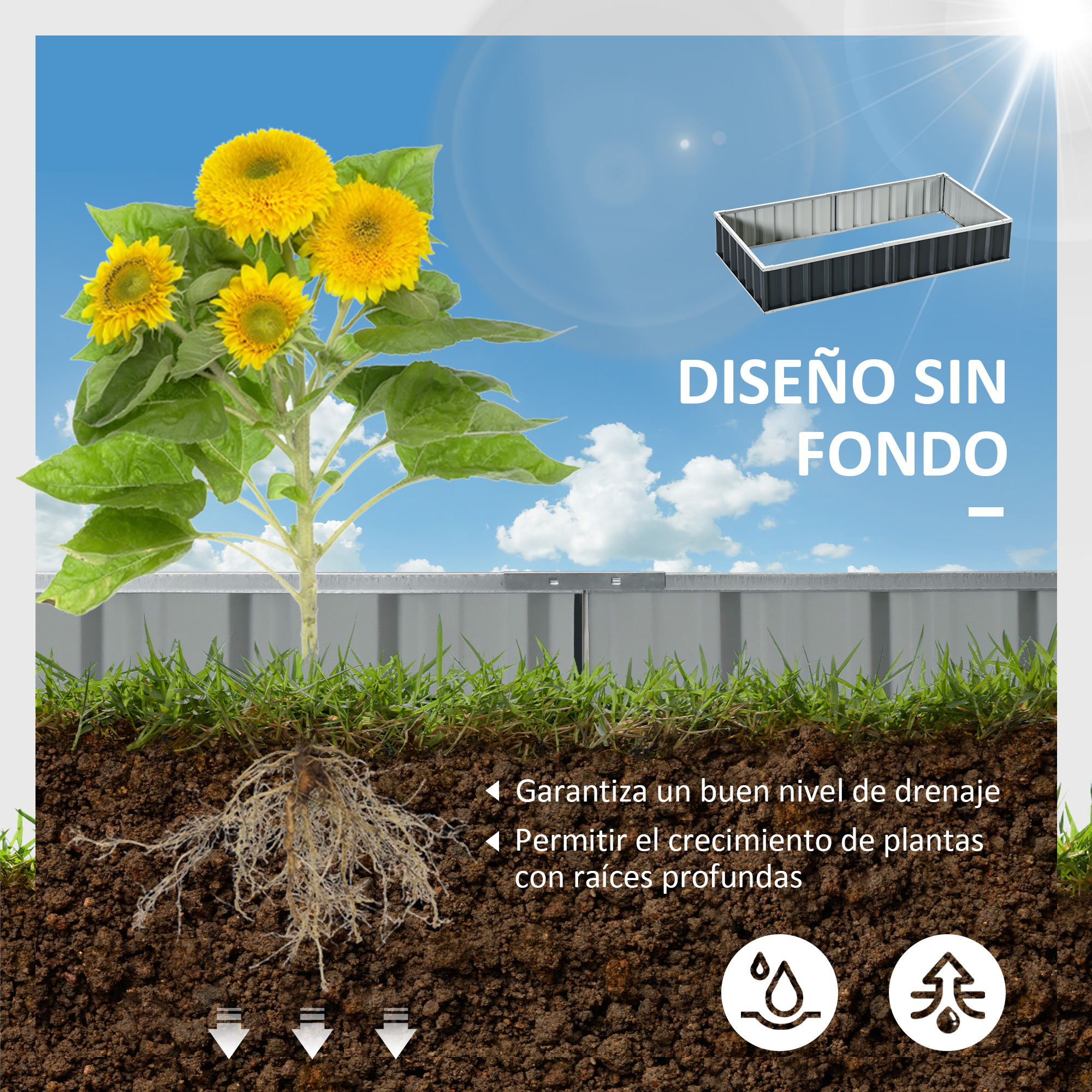 Jardineira retangular Outsunny Urban Garden, 174x90x30 cm, em aço, com luvas inclusas, ideal para o cultivo de plantas e flores em terraços, varandas e áreas externas, na cor cinza.