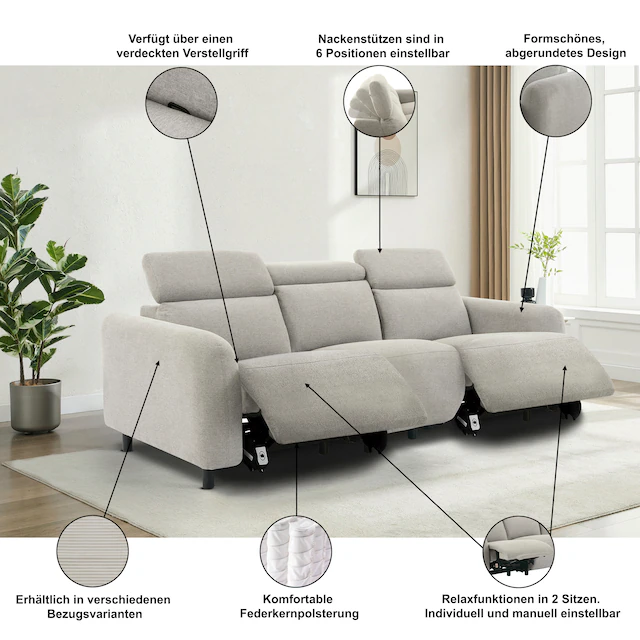 Home affaire 3-Sitzer »SKAANE in Cord, Sofa mit manueller u. elektrischer Relaxfunktion« Relax-Funktion in 2 Sitzen, Kopfteilverstellung, Federkernpolsterung