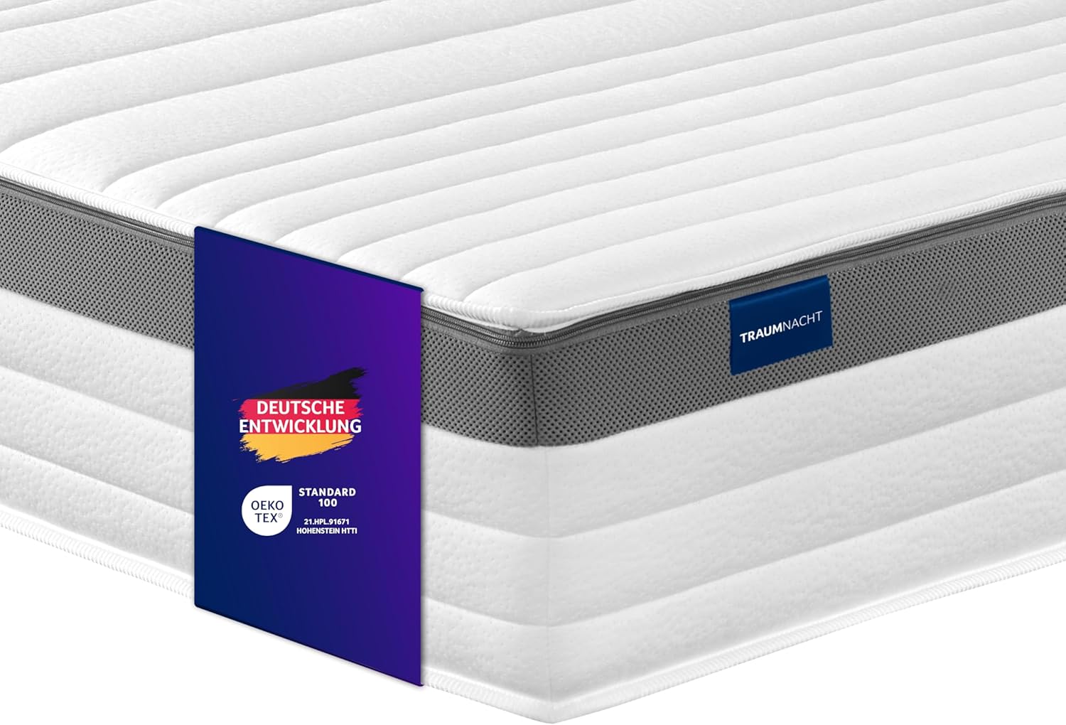 Traumnacht Exklusiv 7-Zonen 1.000er Tonnentaschenfederkernmatratze, Stiftung Warentest Testurteil Gut - Ausgabe 10/2023, 23 cm Premiumhöhe, Öko-Tex zertifiziert, Härtegrad 2 (H2), 90 x 200 cm