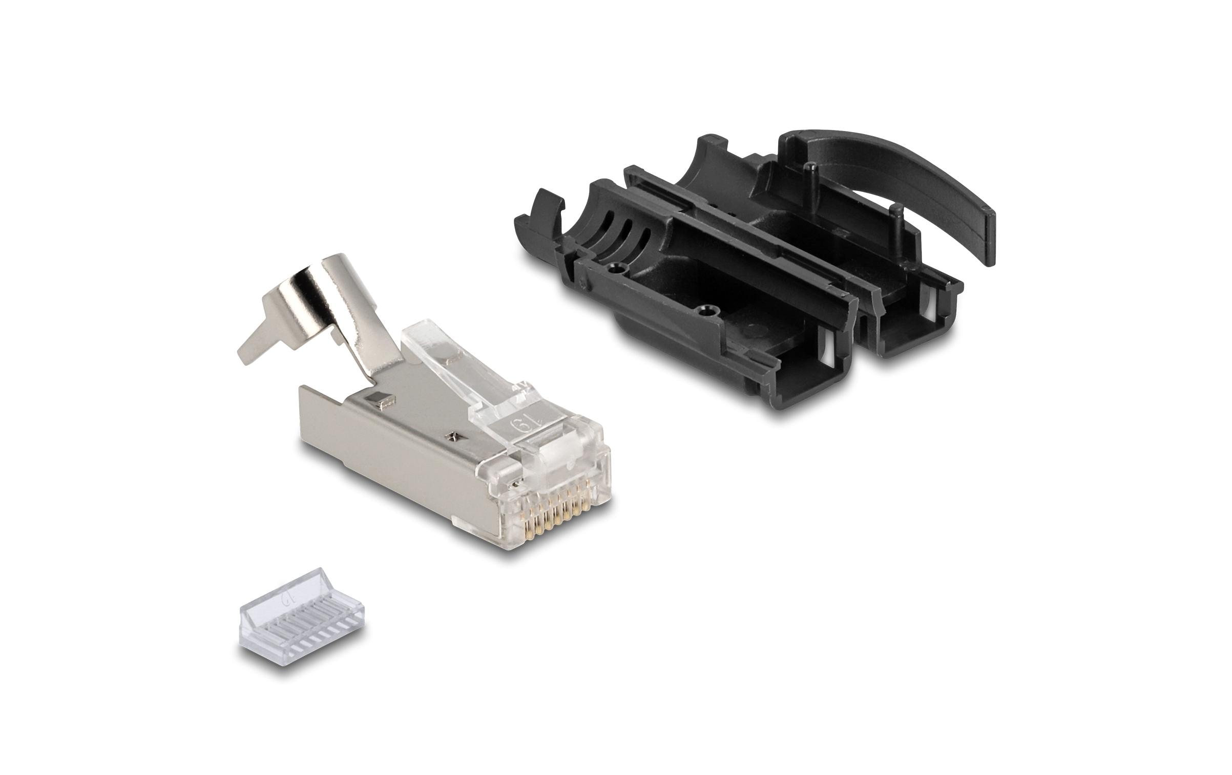 Stecker RJ45, S/FTP, Cat.6A 25 Stück, SchwarzDelock RJ45 Modularer Stecker mit Zugentlastung Cat.6A und robuster Knickschutztülle 25er Set