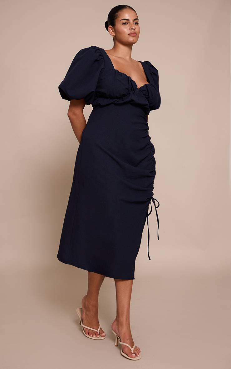 Bleu Marine Robe Midi Grande Taille À Manches Bouffantes Froncée Avec Fente Latérale
