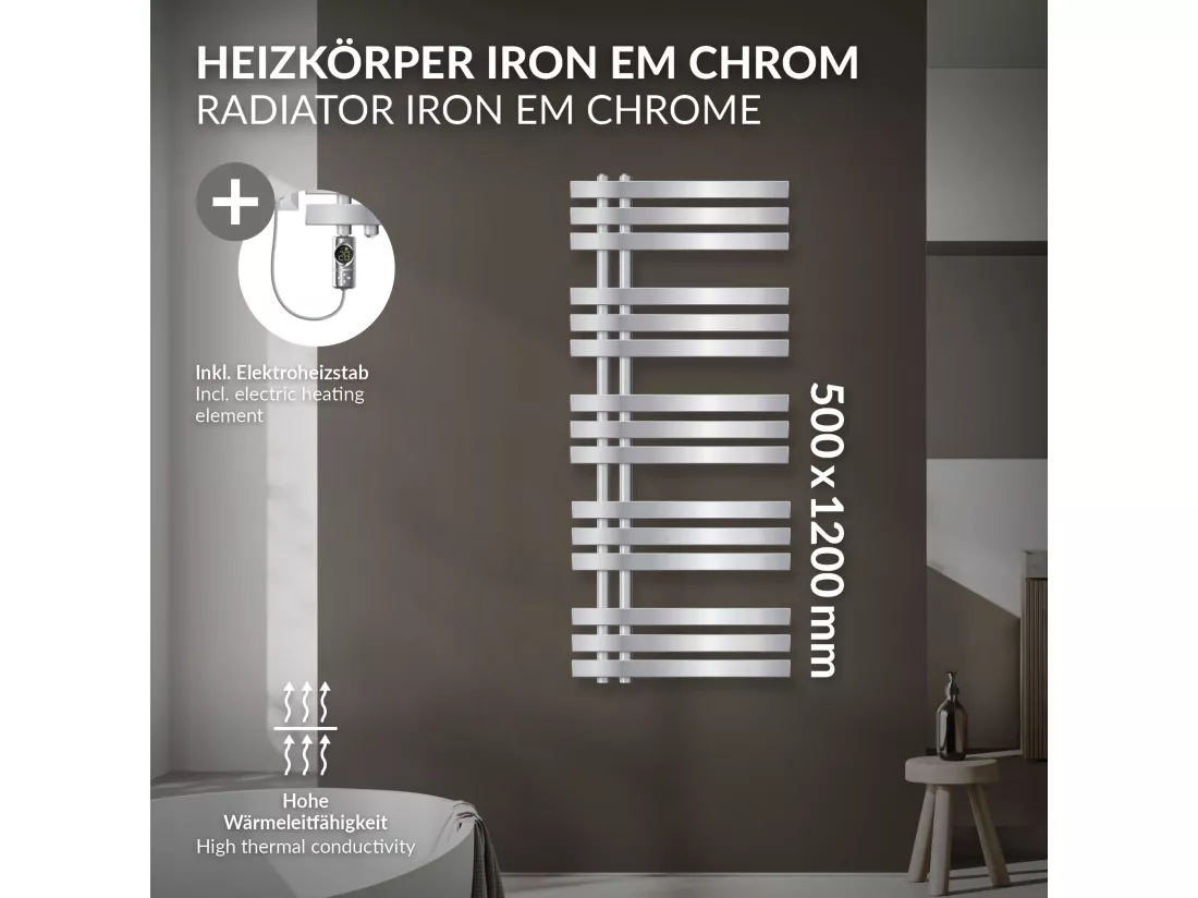 Radiateur sèche-serviettes en acier chrome 50x120cm avec élément chauffant 1200W