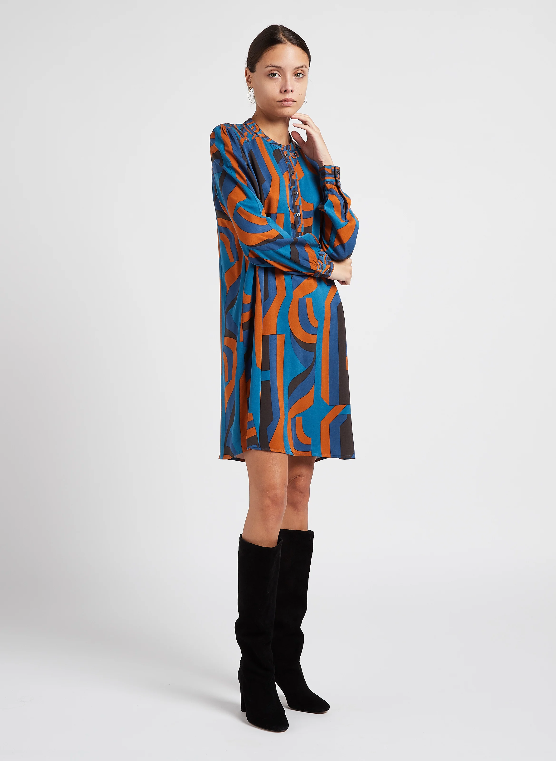 BLAIR RINA - Robe courte droite col rond imprimé | Bleu