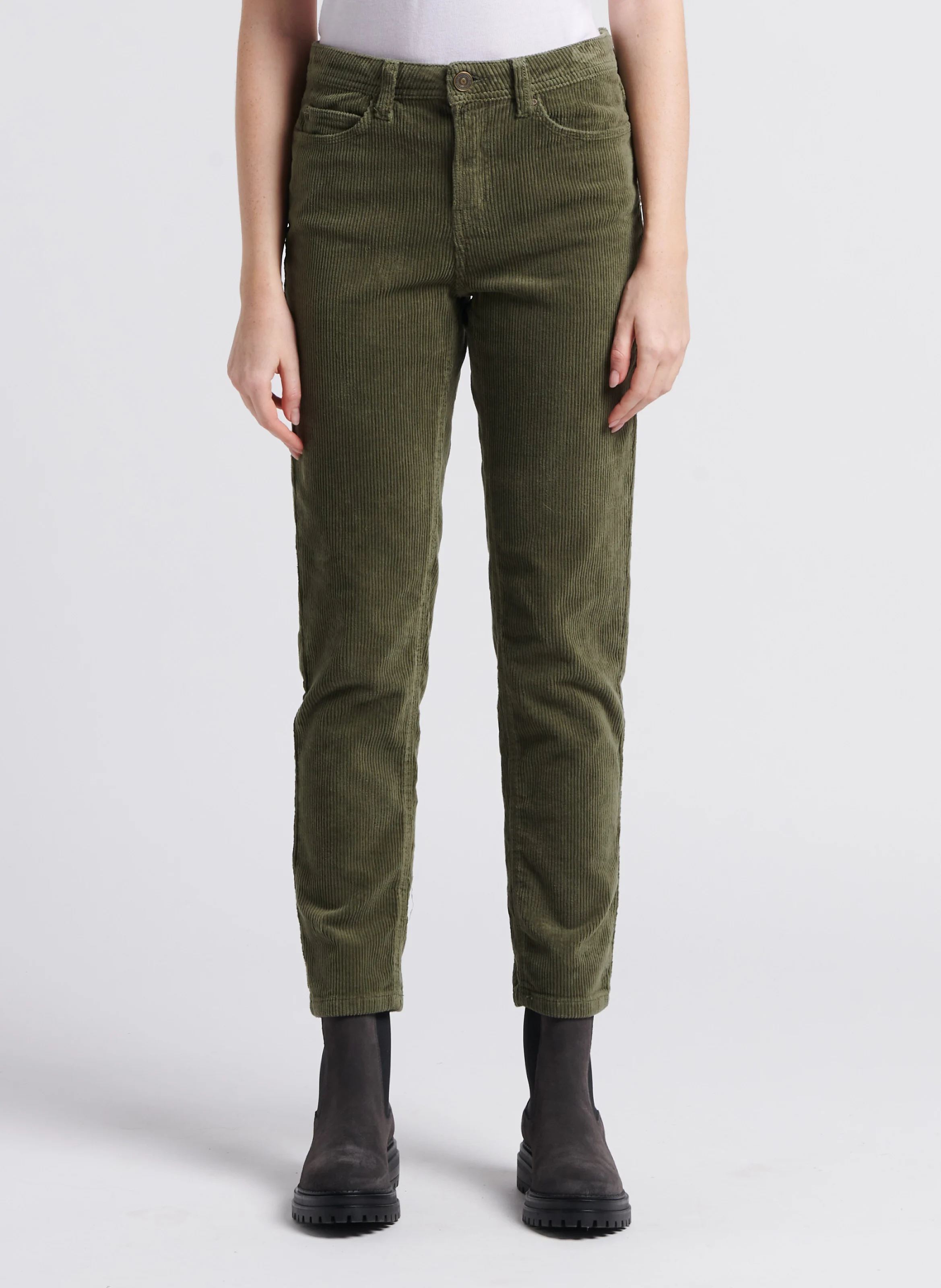 PAVLINA - Pantalon droit velours côtelé en coton stretch| Vert