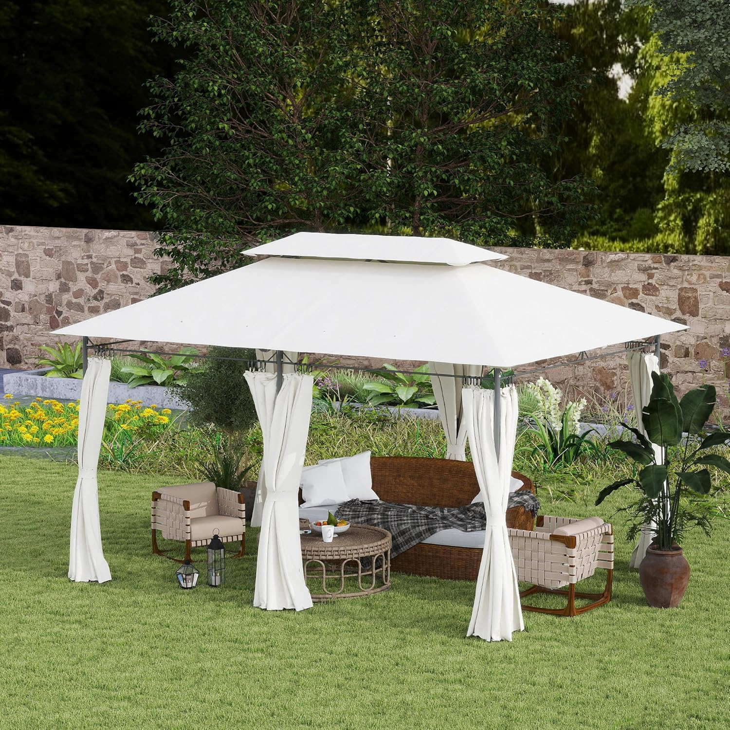 Outsunny Pavillon 4x3 m Stabil Winterfest Gartenpavillon mit Doppeldach 6 Seitenteile Ablauflöcher, Garten Pavillon aus Metall, für Garten, Terrasse, Cremeweiß