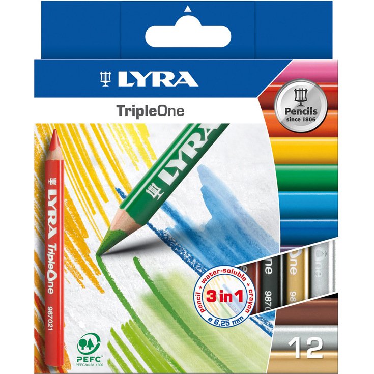 Crayon couleur lyra triple one 3en1 triangulaire aquarellable 120mm craie grasse mine 6.25mm diamètre étui carton 12u