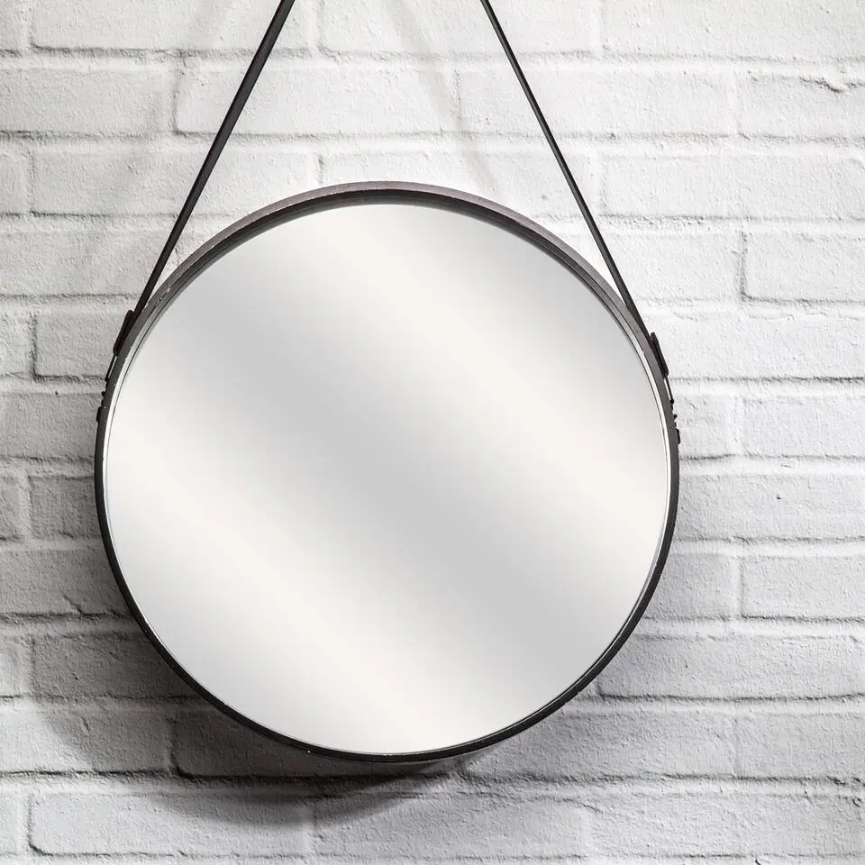 Home Deco Factory spiegel - rond - zwart - leren handvat - D50 cm