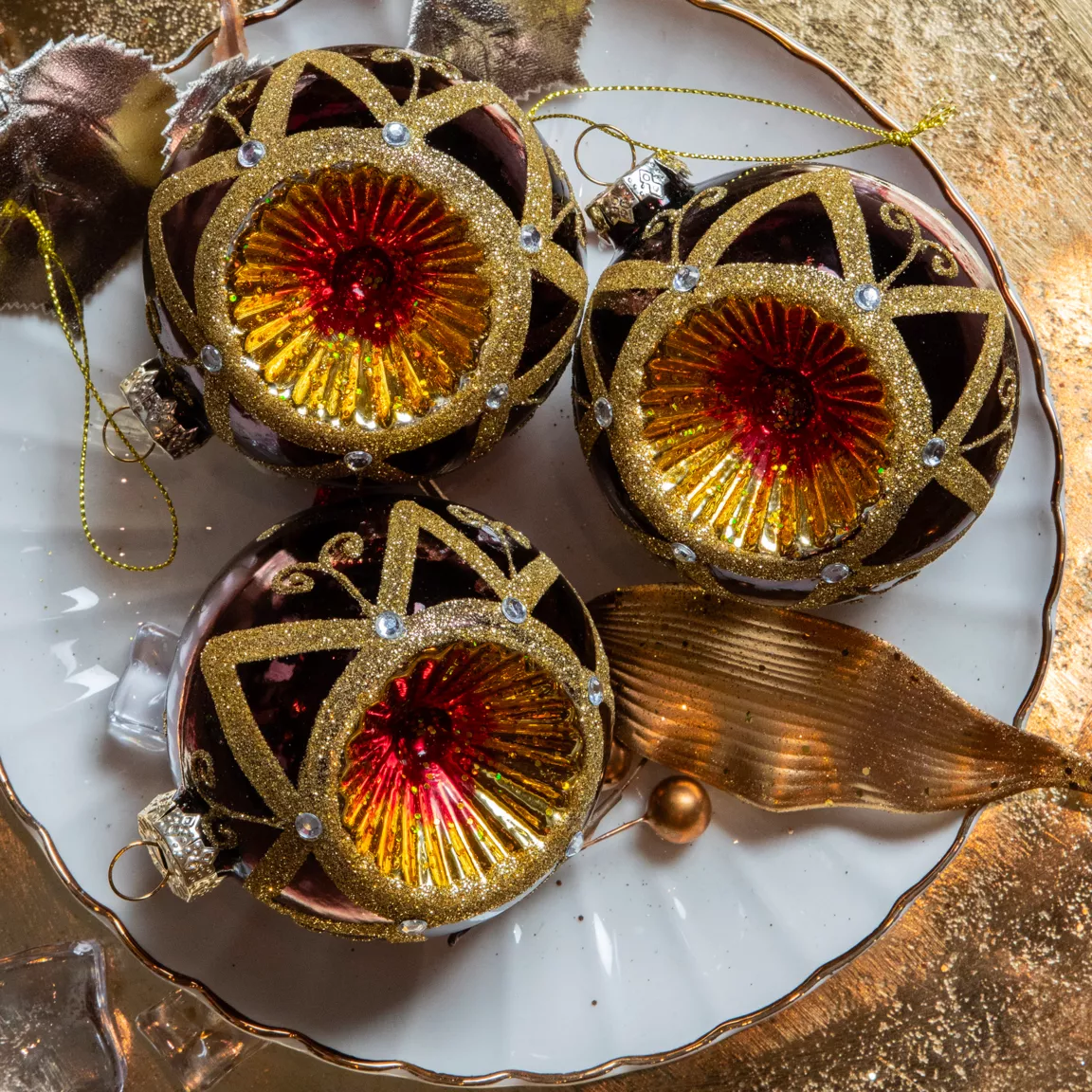 Lot de 3 boules de Noël en verre (D80 mm) Impérial Noir truffé et or
