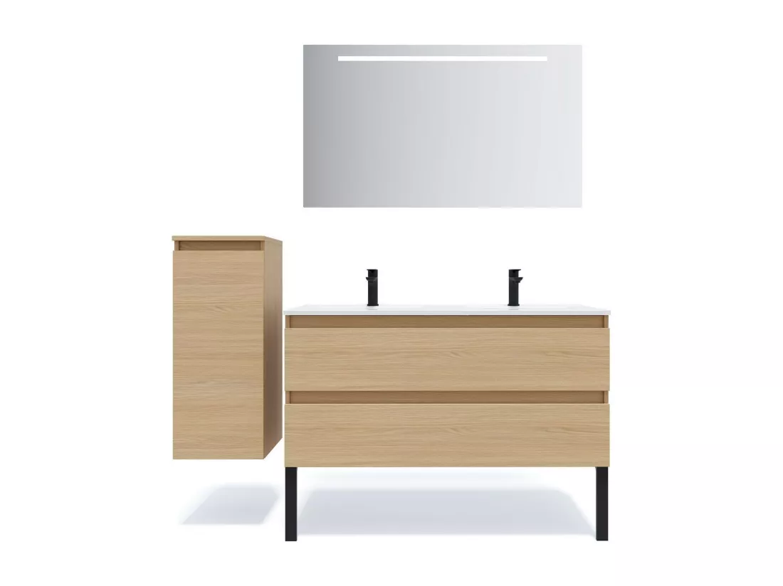 Meuble de salle de bain suspendu double vasque intégrée 120cm 2 tiroirs Chêne clair - Hudson