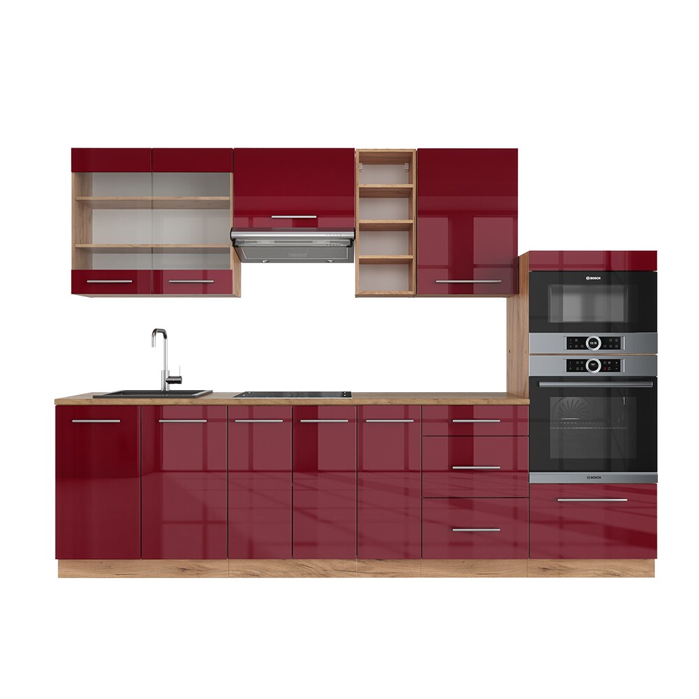 Vicco Küchenzeile Küchenblock Einbauküche Fame-Line Eiche Bordeaux Rot 280 cm modern Spülenunterschrank Unterschrank Schubunterschrank Hängeschrank Mikrowellenschrank Apothekerunterschrank