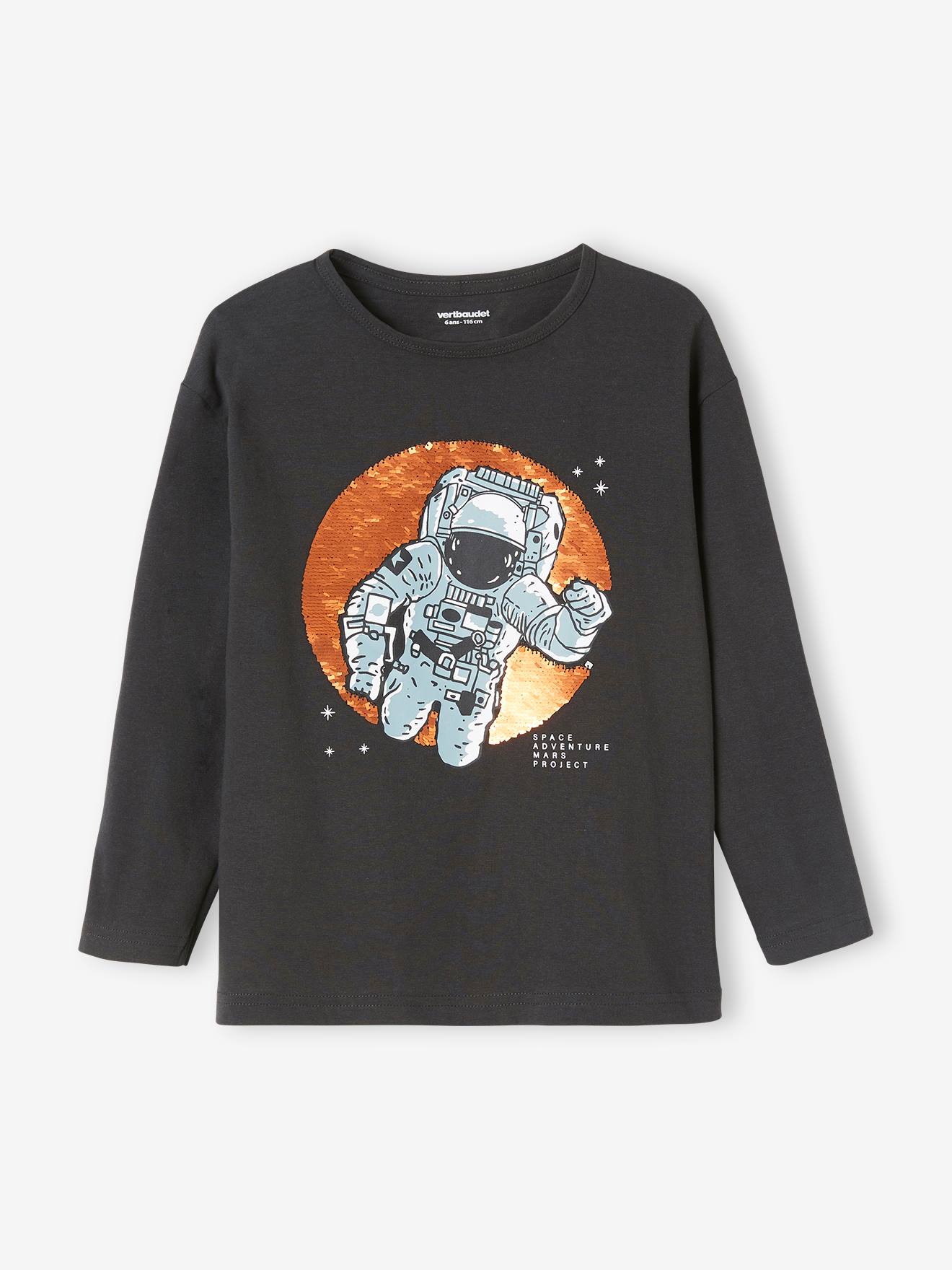 Camiseta infantil masculina reversível com lantejoulas e estampa de astronauta, cinza mesclado.