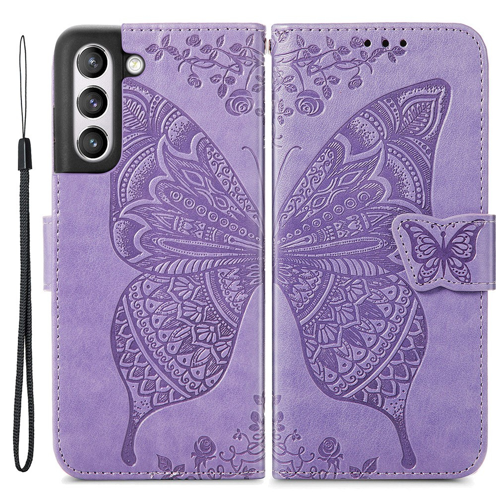 Samsung Galaxy S21 FE 5G Leder Tasche Flip Cover Schmetterlinge Imprint - Lila