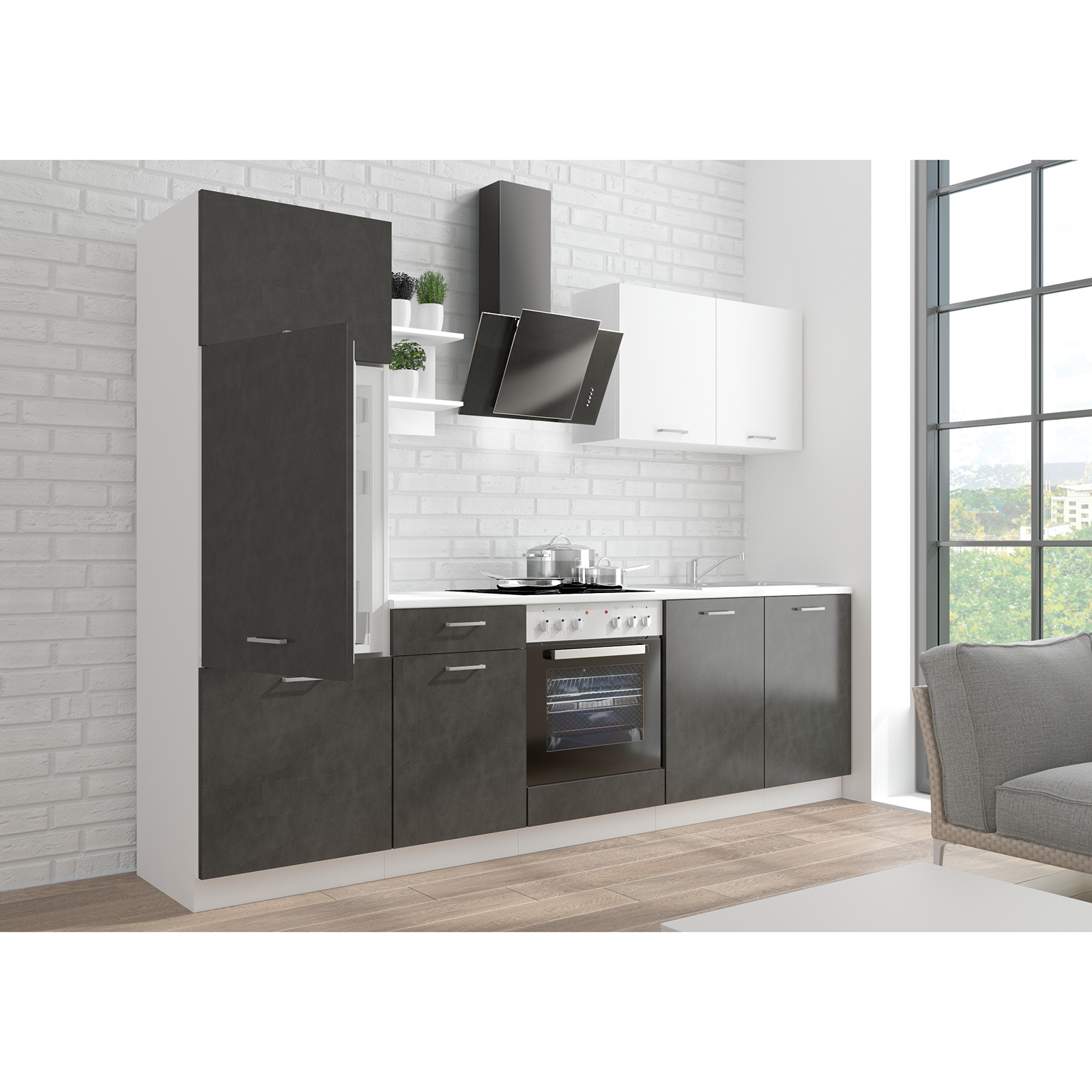 Küchenblock - Betonoptik dunkel - weiß matt - 270 cm