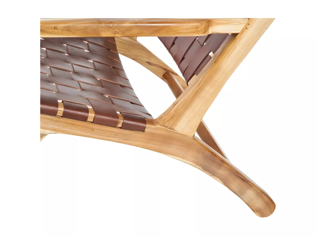 Fauteuil Teck/Cuir tressé Marron avec coussin - ESSAOUIRA