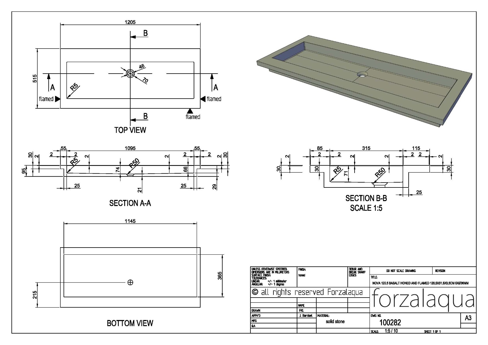 Forzalaqua Nova wastafel 120x50cm zonder kraangat carrara gepolijst