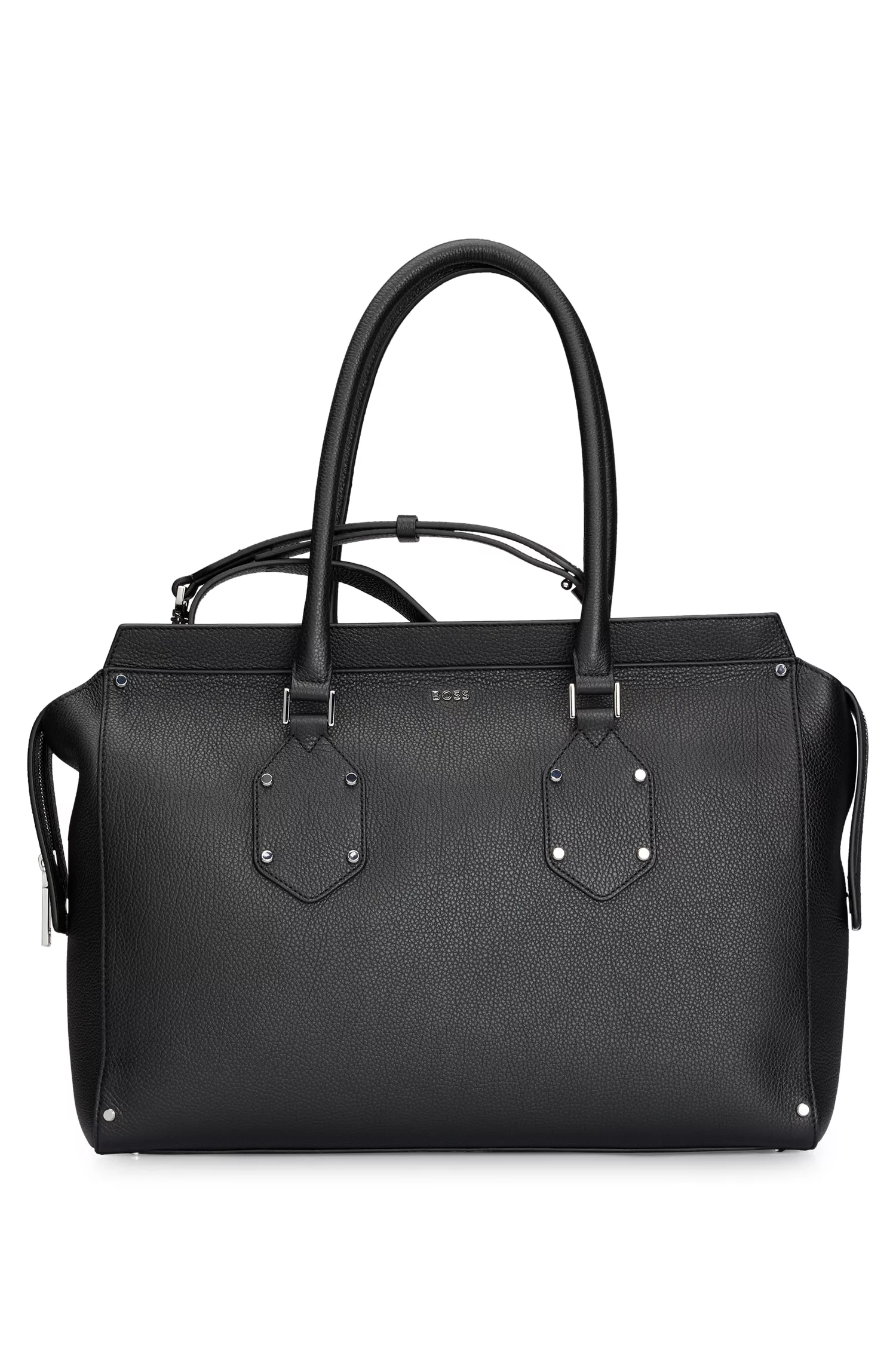Bolsa tote BOSS em couro granulado preto com alça de ombro removível.