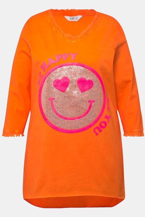 T-Shirt, A-Linie, Pailletten-Smiley, V-Ausschnitt, 3/4-Ärmel