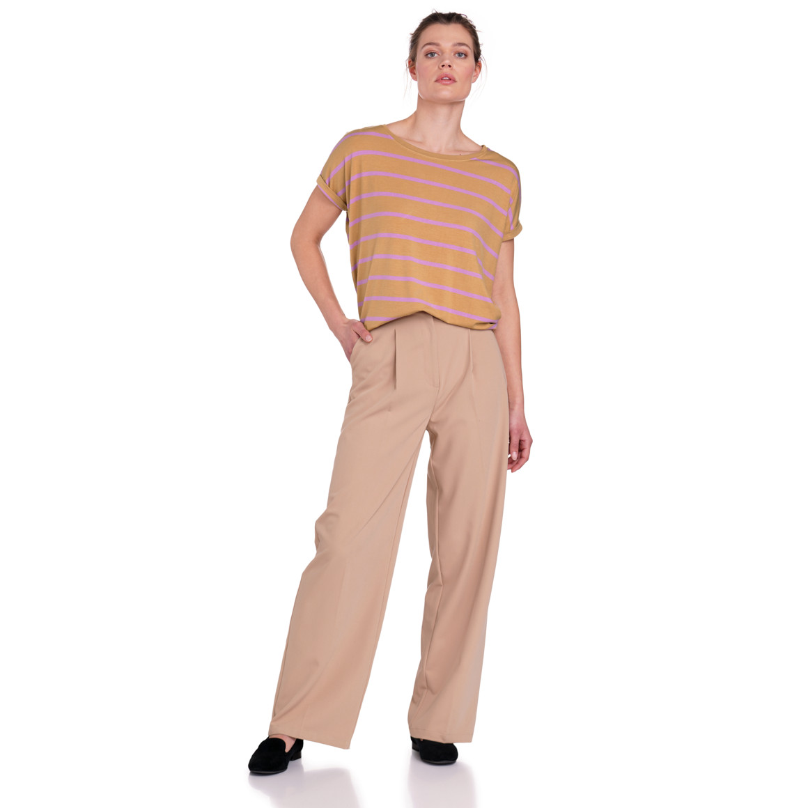 Gina Benotti Damen T-Shirt mit Streifen beige / helllila
