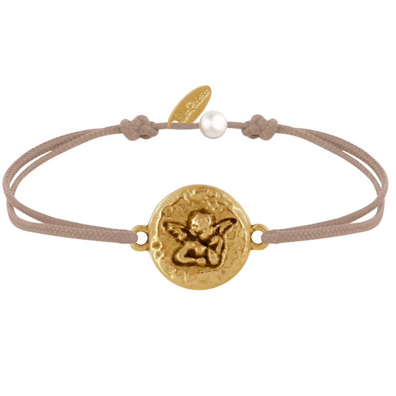 Bracelet Lien Médaille Ronde Martelée Laiton Doré Ange Raphaël - Beige
