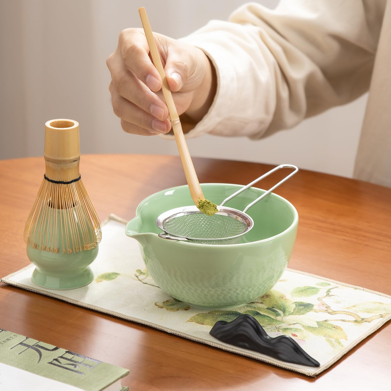 (7-tlg. Set) Keramik Matcha Tee Kit Japanisches Teezeremonie Zubehör mit Chasen Rührbesen / Schale / Halter / Löffel - Mint