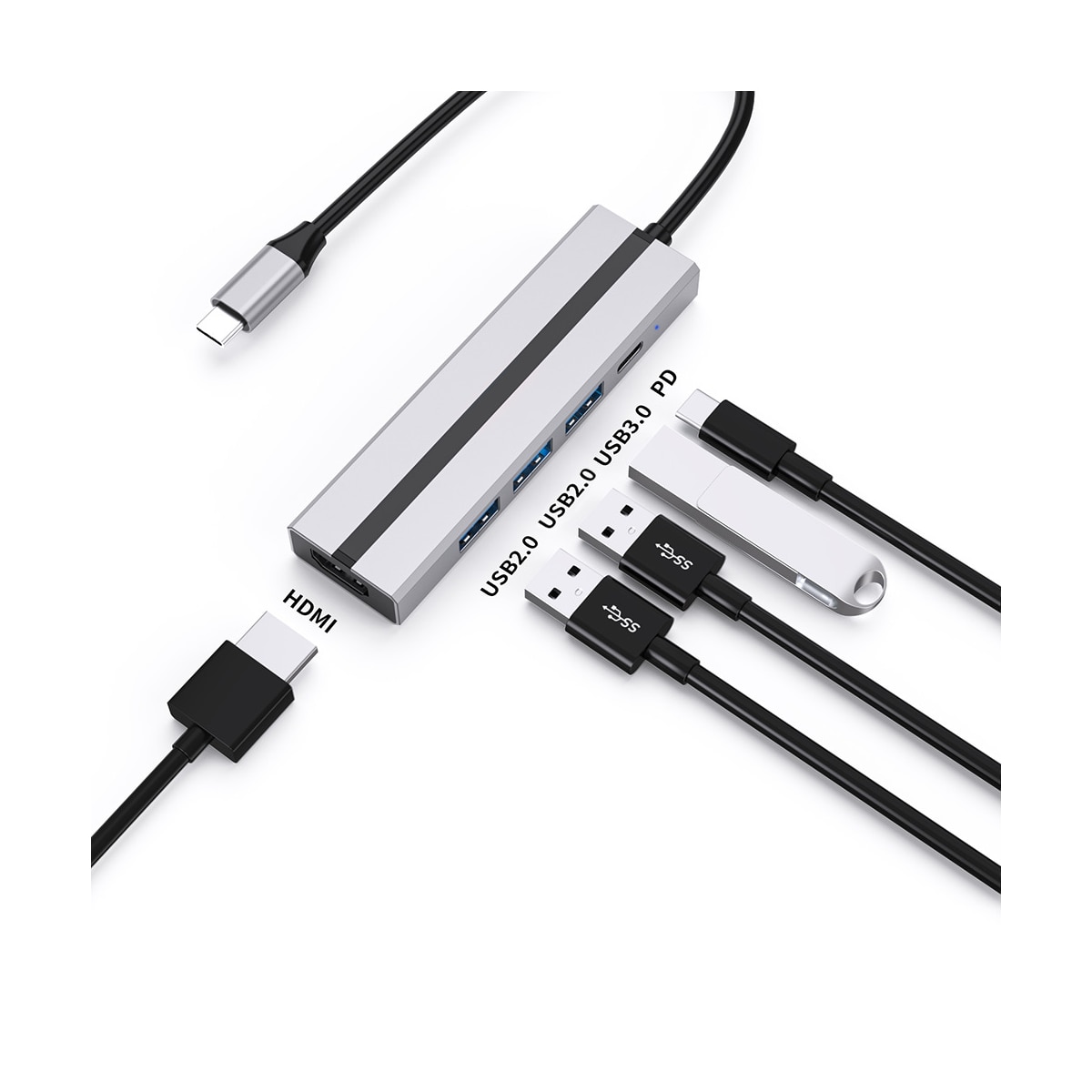6-i-1 USB C Hub med 4K HDMI-adapter, USB 3.0/2.0-porter, PD 100W