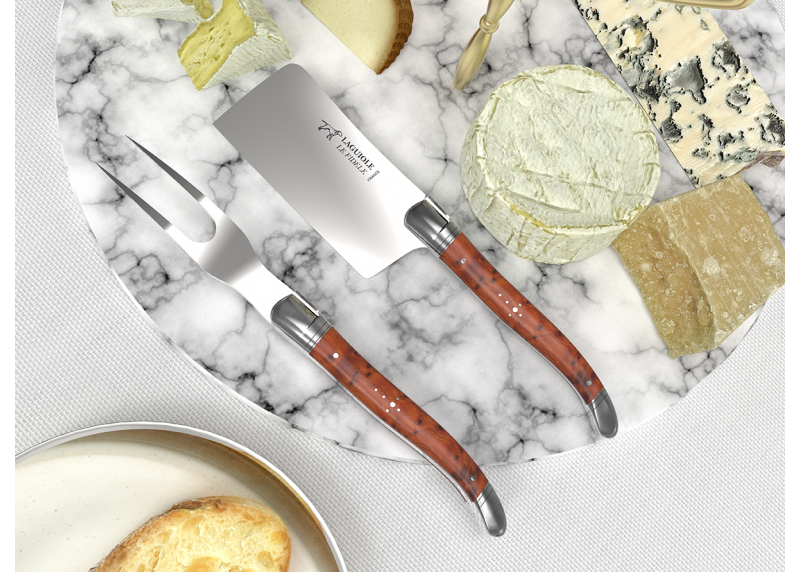 Service à fromage Laguiole avec un manche en loupe de thuya et mitres en acier inoxydable