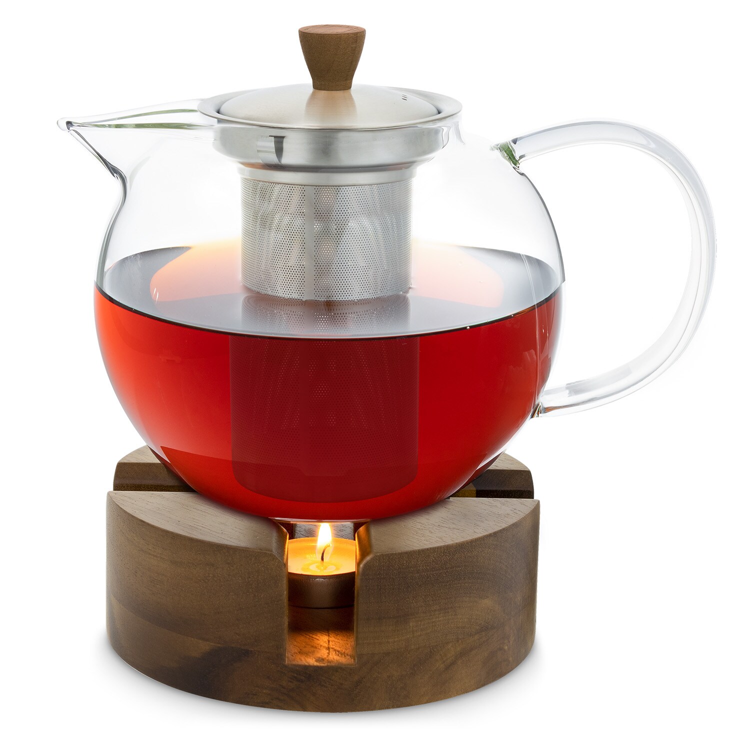 Glaswerk Sencha Design-Teekanne mit Glaswerk Oolong Holz-Stövchen 1,3 l Siebeinsatz