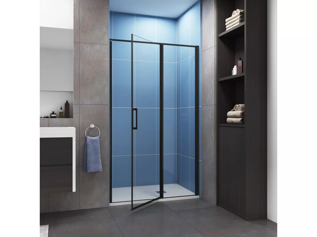 Porte de douche pivotante 140x185cm profilé noir mat Installation en niche, verre securit anticalcaire
