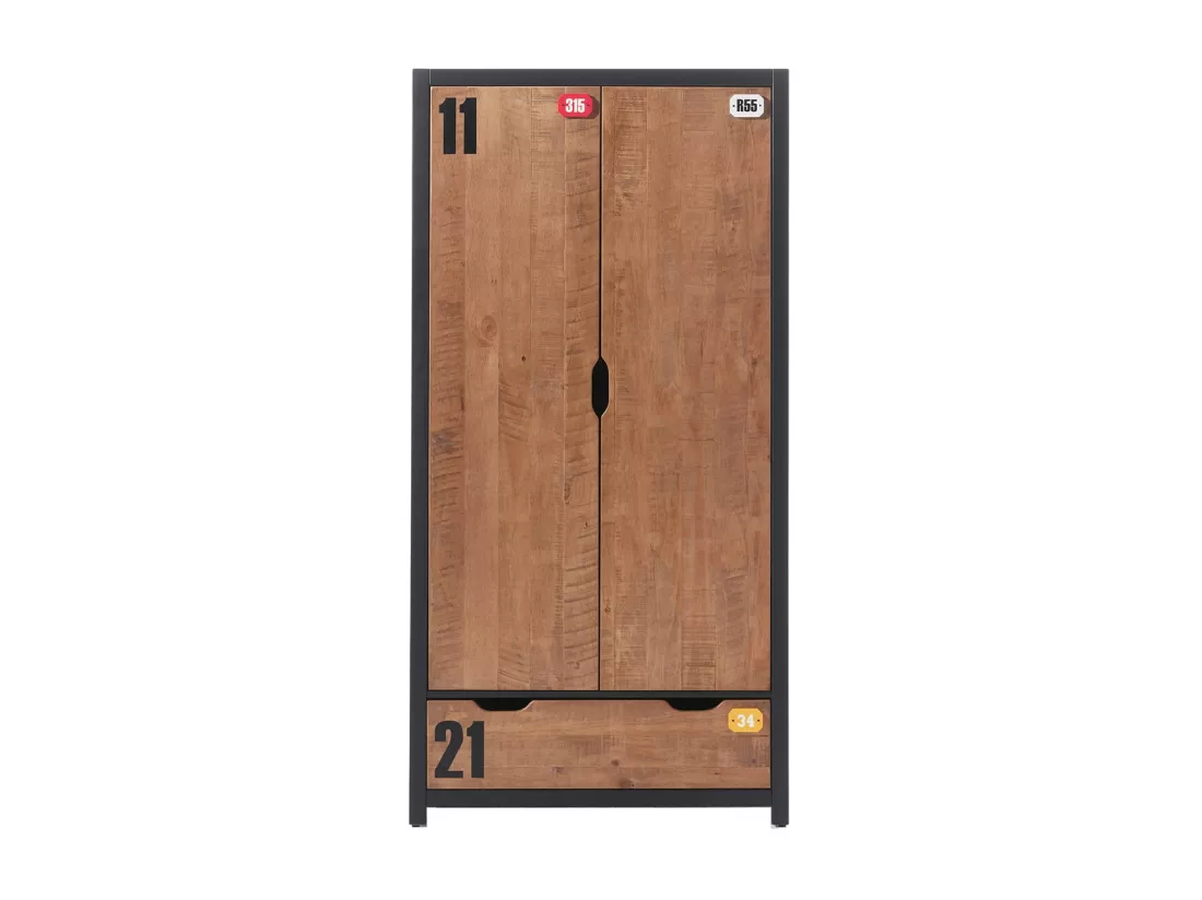 TCHAD - Armoire 2 Portes 1 Tiroir en Pin Massif avec Motifs