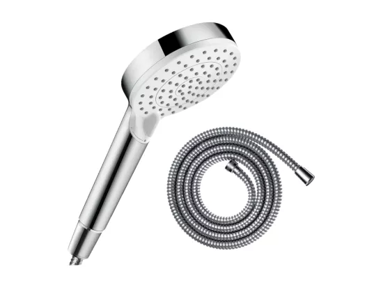 Pommeau de douche HANSGROHE Crometta EcoSmart 2 jets blanc/chromé + flexible de douche 2 m HANSGROHE Metaflex chromé
