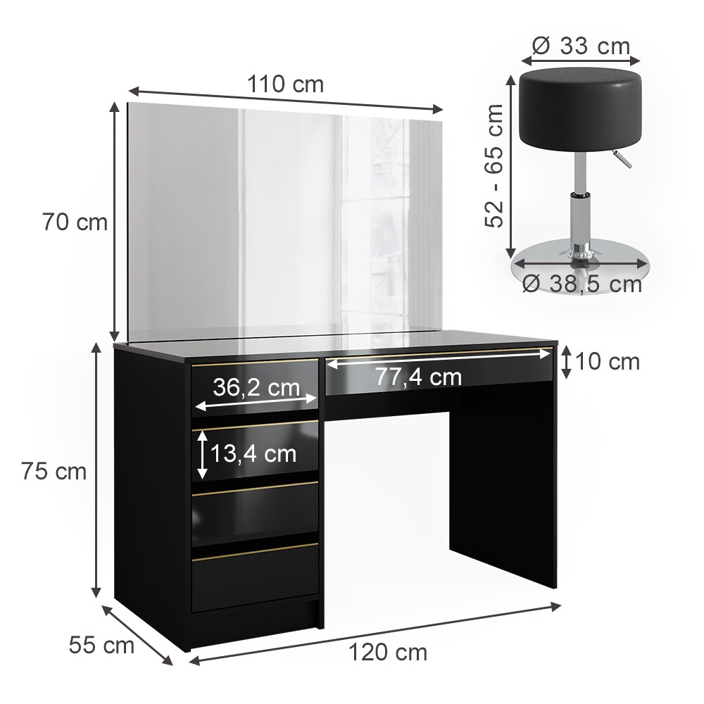 Vicco Schminktisch Sherry Schwarz Hochglanz Gold 120 x 75 cm 5 Schubladen Spiegel Hocker