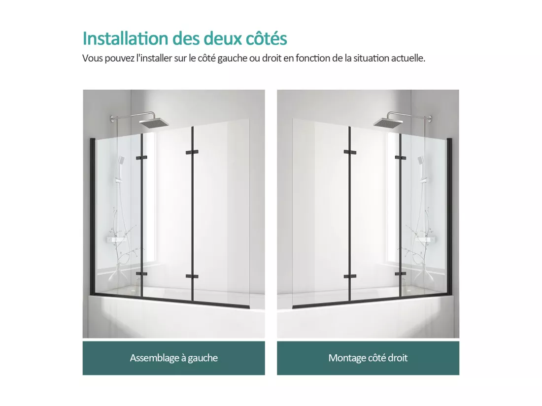 EMKE Pare-baignoire paroi de douche pour baignoire noir mat 3 parties pliable 120x140cm pare-baignoire 6mm NANO GLASS