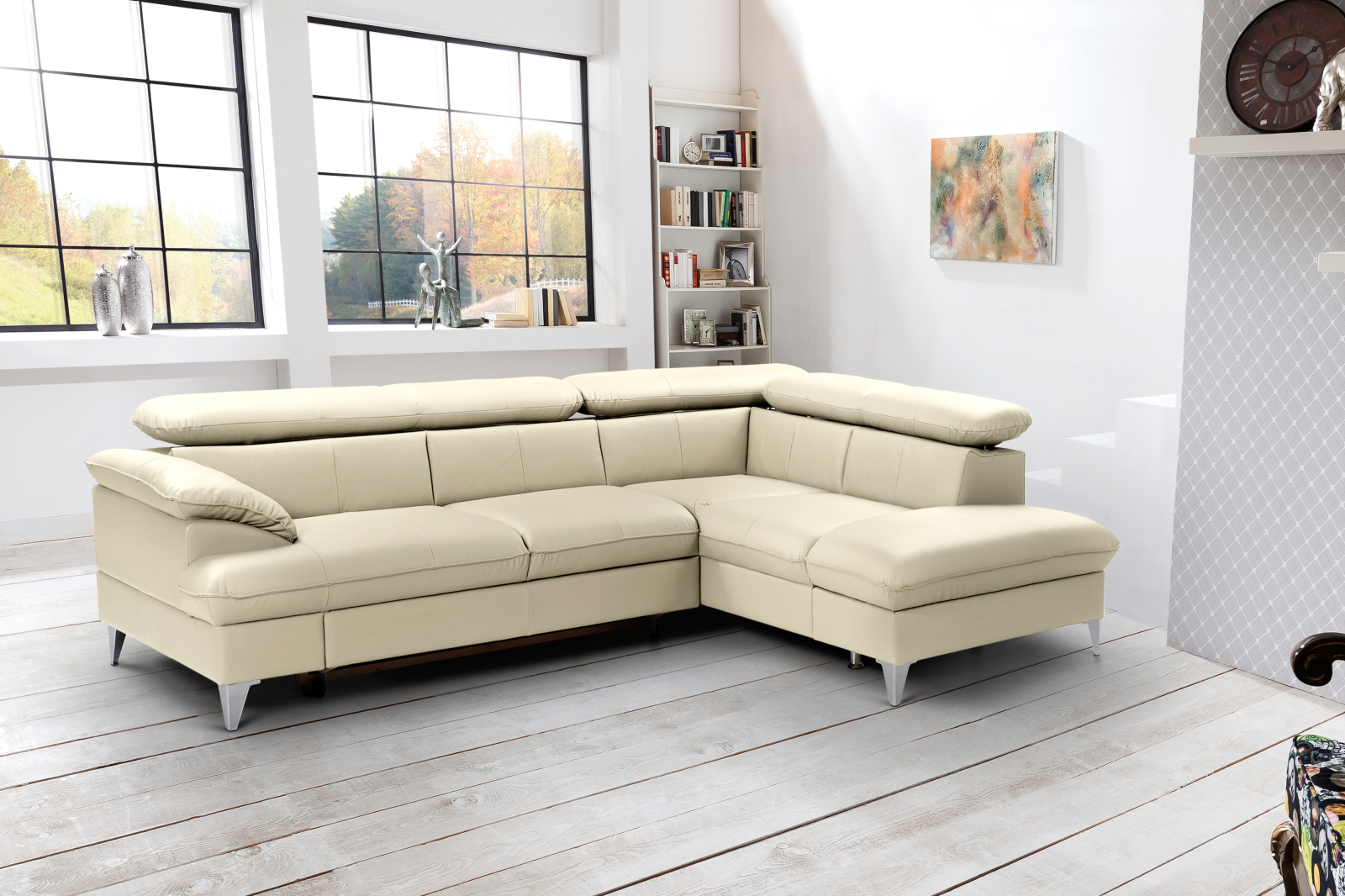 Ecksofa - creme - Leder - Basismodell - Recamiere rechts