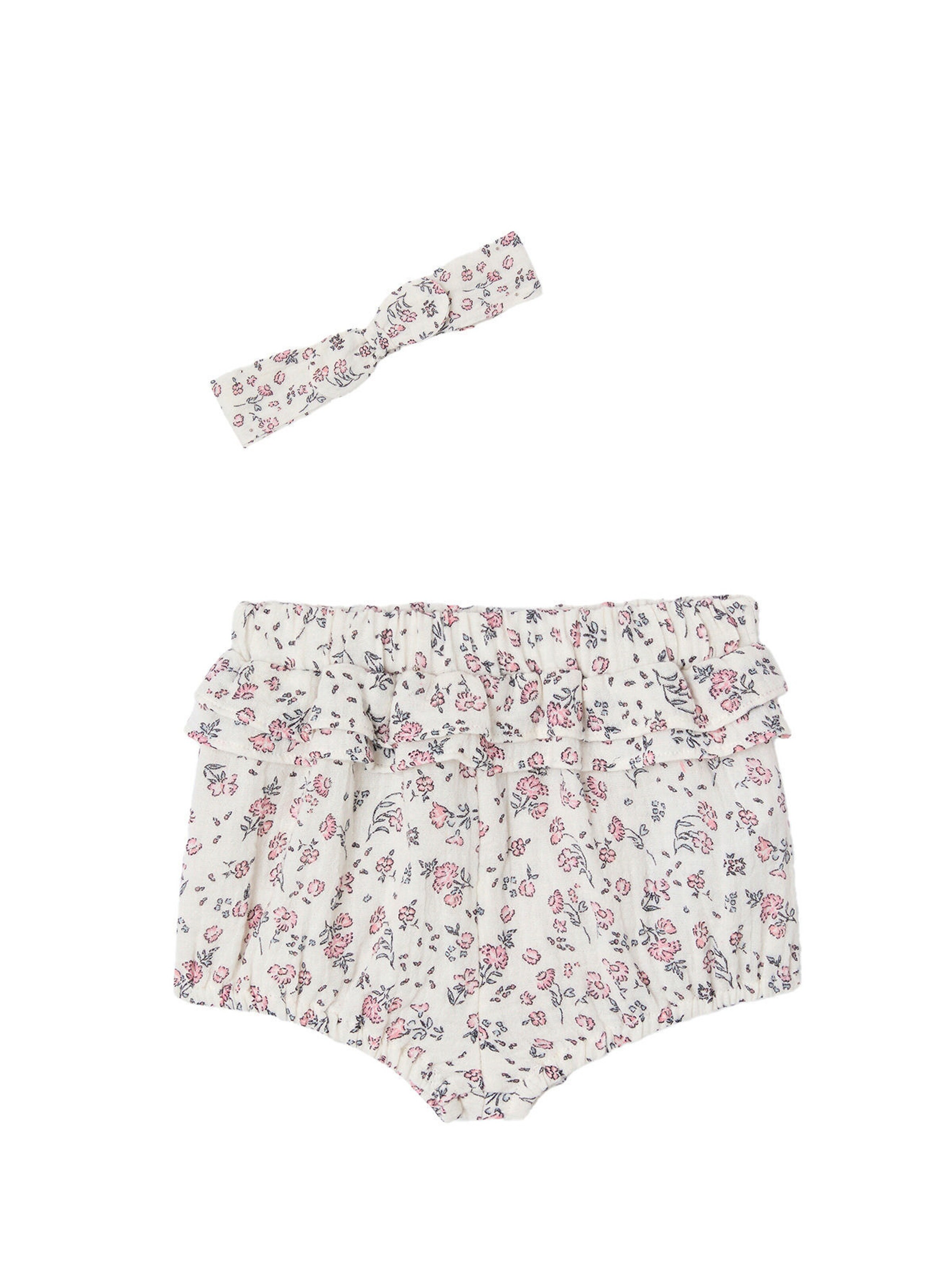 Vertbaudet Mädchen Baby-Set: Shorts & Haarband mit Blumenmuster wollweiß