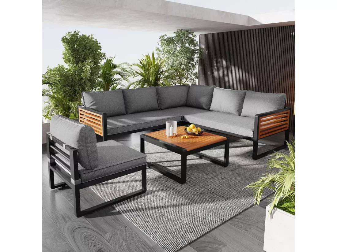 Salon de jardin modulable - avec cadres en fer galvanisé et accoudoirs en bois - Table basse et canapé modulable 6 places
