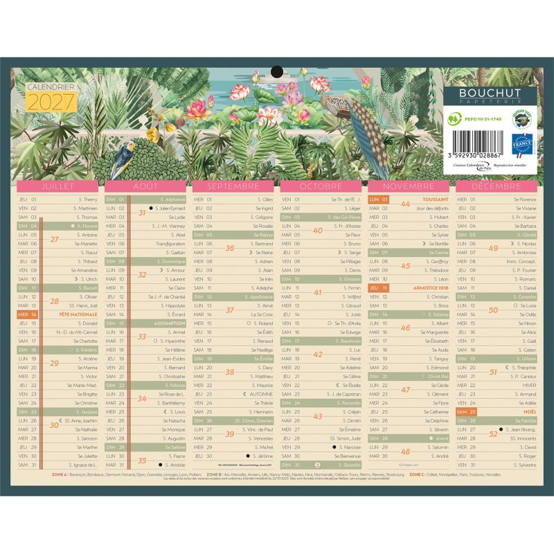 Calendrier semestriel mural 2027 - Exotique - 21 x 26,5 cm