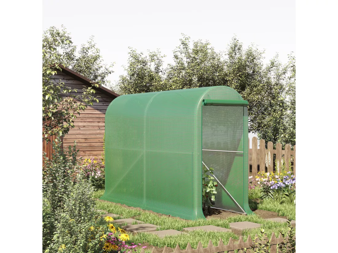 Serre de jardin serre à tomates dim. 3L x 1l x 2H m porte zippée déroulante 2 fenêtres latérales enroulables acier PE haute densité vert