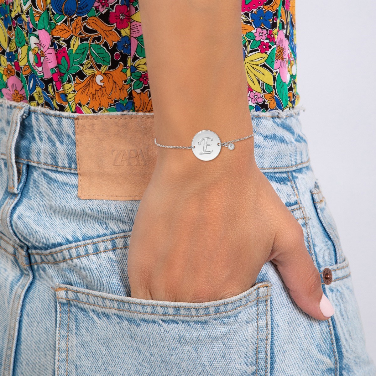 Bracelet lettre E en acier inoxydable SC Crystal orné d'un véritable diamant blanc