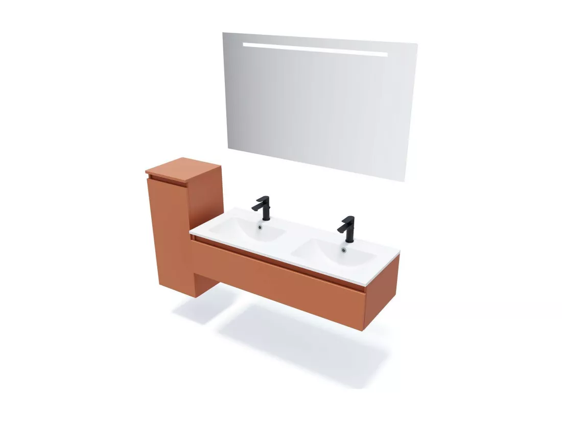 Meuble de salle de bain suspendu double vasque intégrée 120cm 1 tiroir Terracotta - Hudson