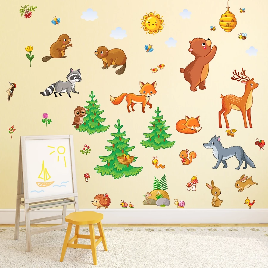 Nikima Wandtattoo 081 Wandtattoo Waldtiere Kinderzimmer Sticker Aufkleber Bär Fuchs Eule Hirsch bunt
