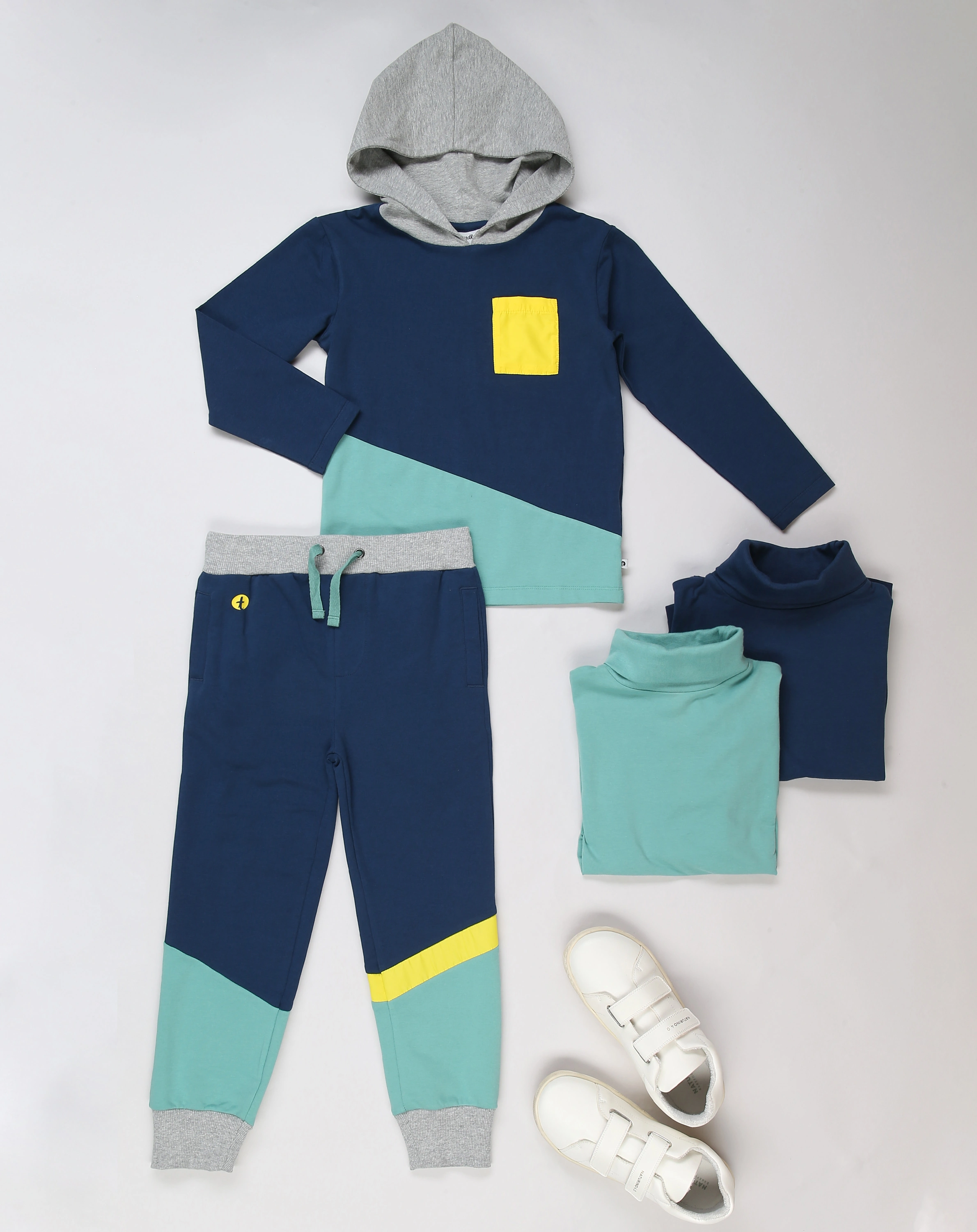 Kapuzen-Langarmshirt COLOUR BLOCK in dunkelblau/grün